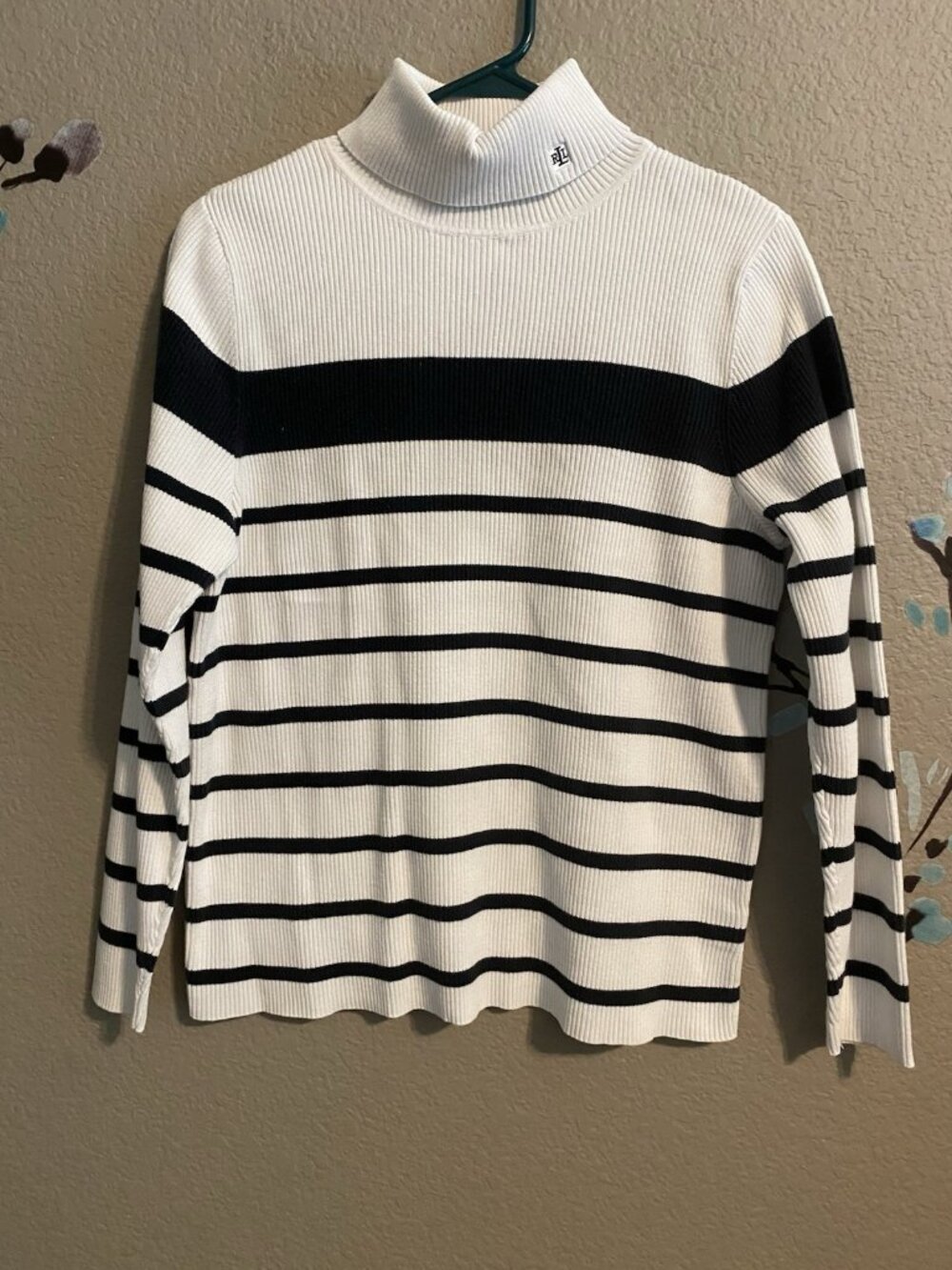 Lauren Ralph Lauren White  & Black Striped Turtleneck Sweater L/XL 1X Cotton